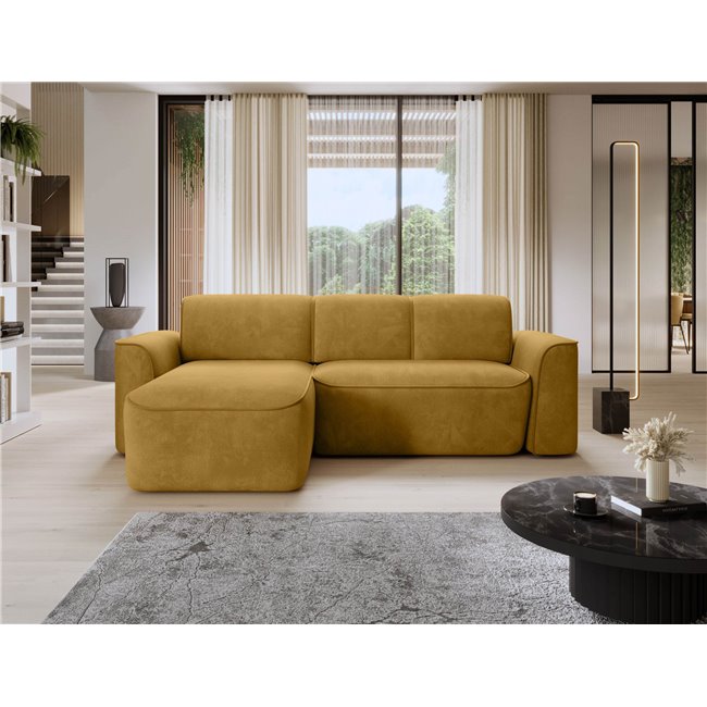Corner sofa Elume L, sleeping function, Amore 45, Riviera 41, bouclé, yellow, H88x190x287cm