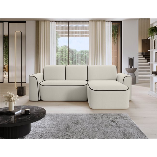 Corner sofa Elume R, sleeping function, Amore 01, Velvetmat 22, bouclé, beige, H88x190x287cm