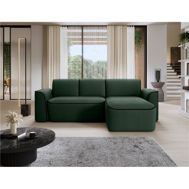 Corner sofa Elume R, sleeping function, Amore 35, Velvetmat 10, bouclé, green, H88x190x287cm