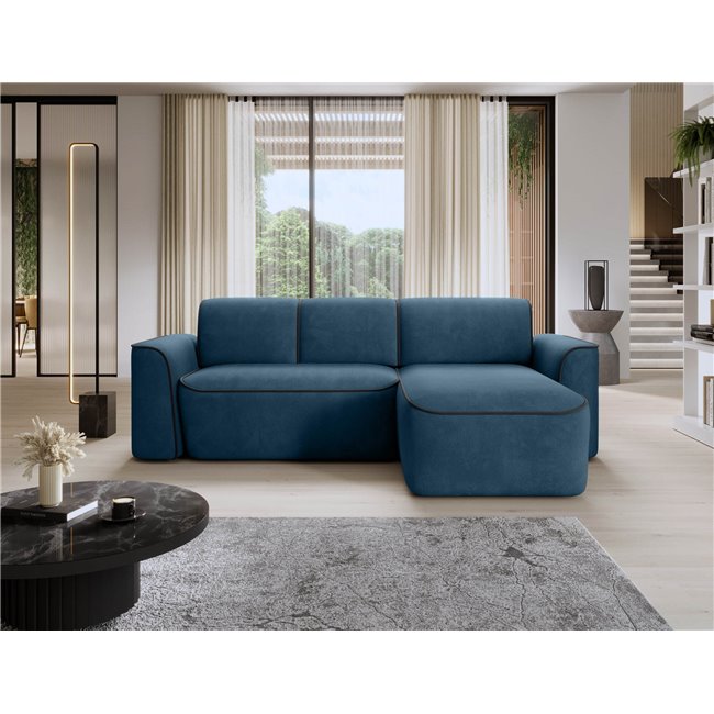 Corner sofa Elume R, sleeping function, Amore 40, Velvetmat 6, bouclé, blue, H88x190x287cm