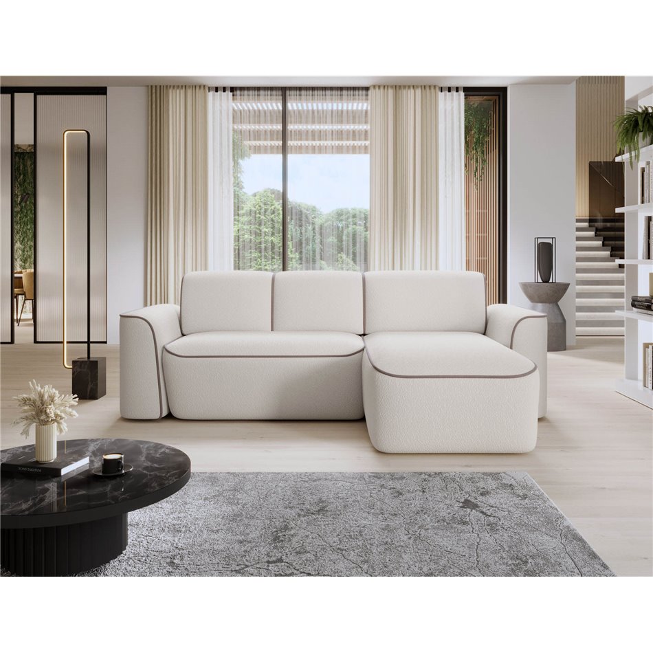 Corner sofa Elume R, sleeping function, Royal 01, Paros 02, bouclé, white, H88x190x287cm