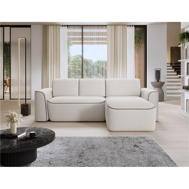 Corner sofa Elume R, sleeping function, Royal 01, Paros 02, bouclé, white, H88x190x287cm