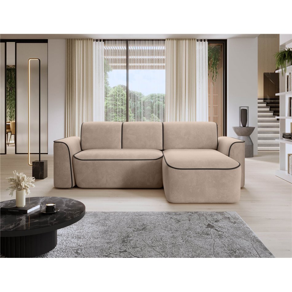Corner sofa Elume R, sleeping function, Royal 18, Velvetmat 22, bouclé, beige, H88x190x287cm