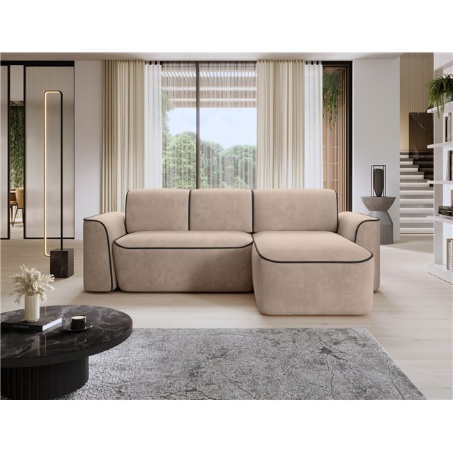 Corner sofa Elume R, sleeping function, Royal 18, Velvetmat 22, bouclé, beige, H88x190x287cm