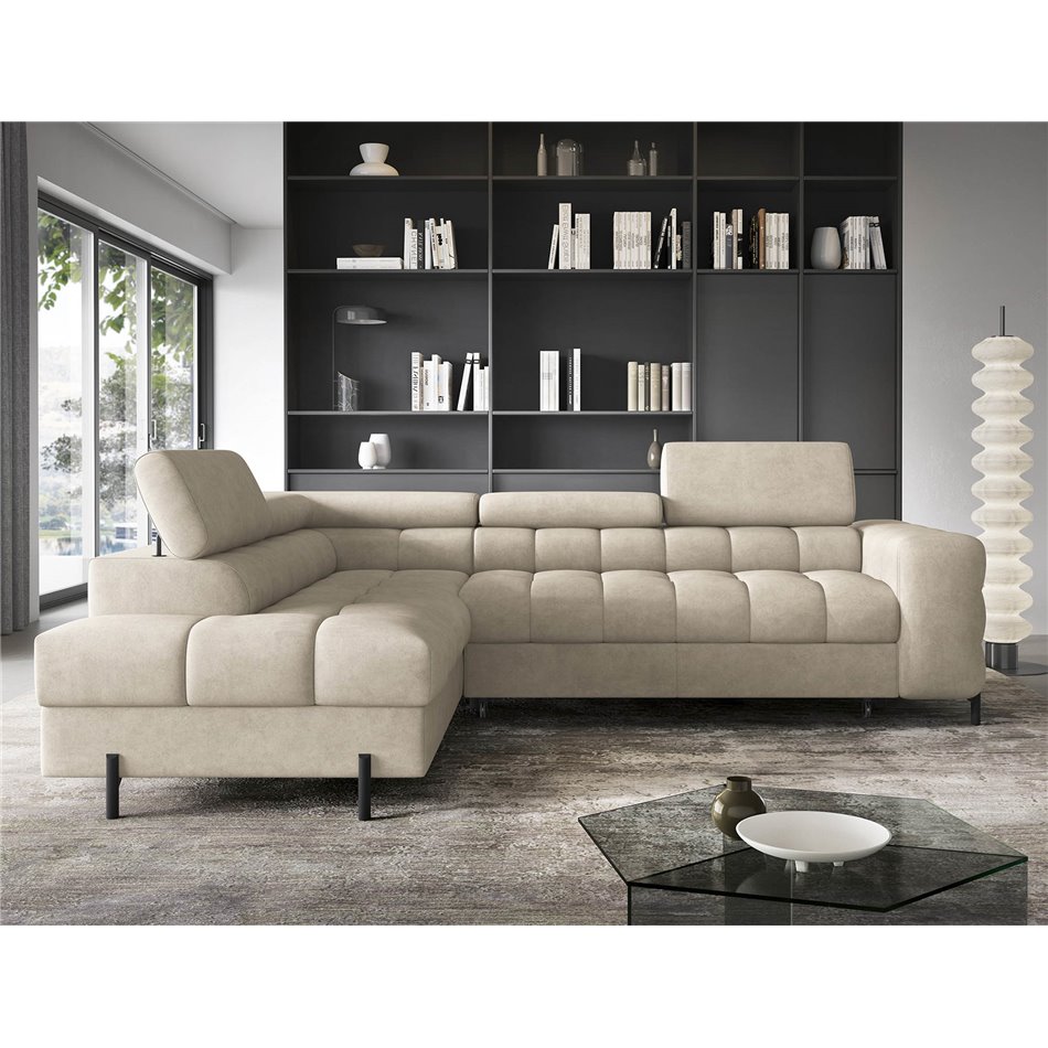 Corner sofa Elferucce L, sleeping function, Aura 18, velvet, beige, H93x200x276cm