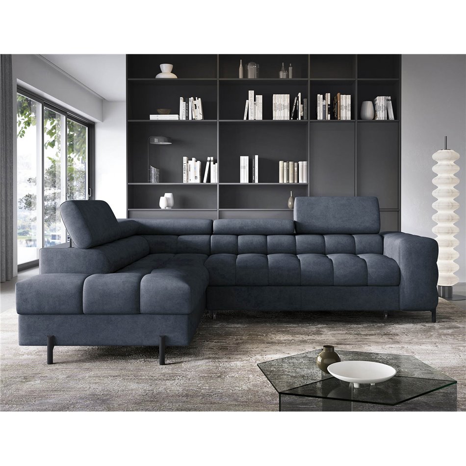 Corner sofa Elferucce L, sleeping function, Aura 40, velvet, dark blue, H93x200x276cm
