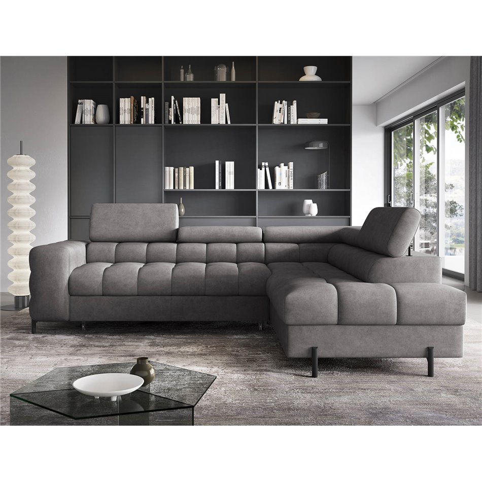 Corner sofa Elferucce R, sleeping function, Aura 04, velvet, grey, H93x200x276cm