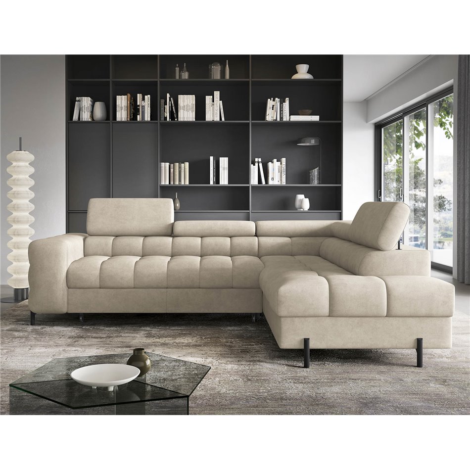 Corner sofa Elferucce R, sleeping function, Aura 18, velvet, beige, H93x200x276cm