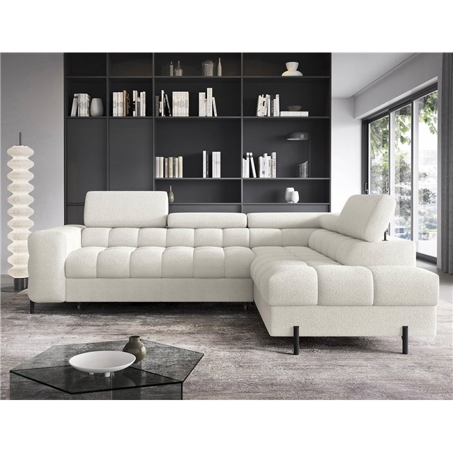 Corner sofa Elferucce R, sleeping function, Royal 01, bouclé, white, H93x200x276cm