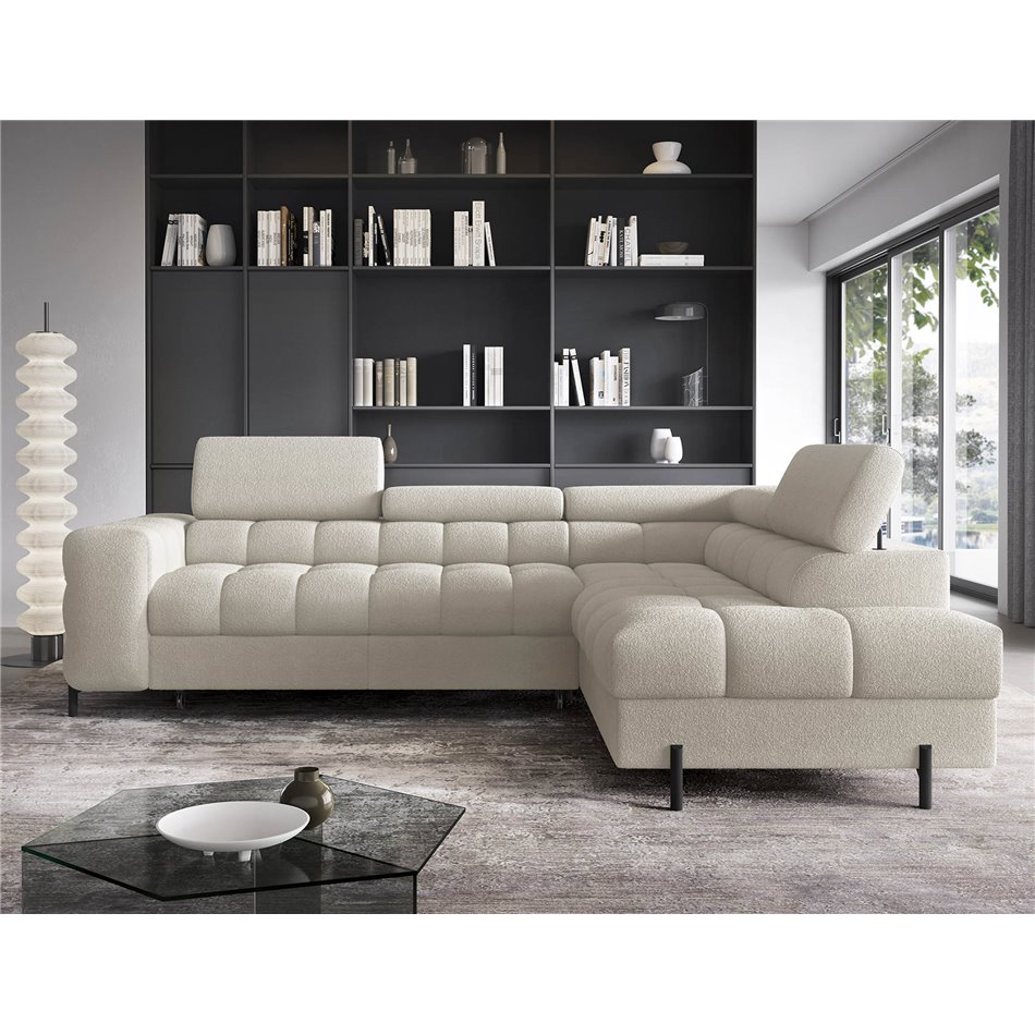 Corner sofa Elferucce R, sleeping function, Royal 18, bouclé, beige, H93x200x276cm