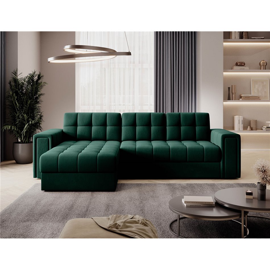 Угловой диван Elveni L/R Reversible, раздвижной, Lukso 35, бархат, зеленый, H82x150x260см