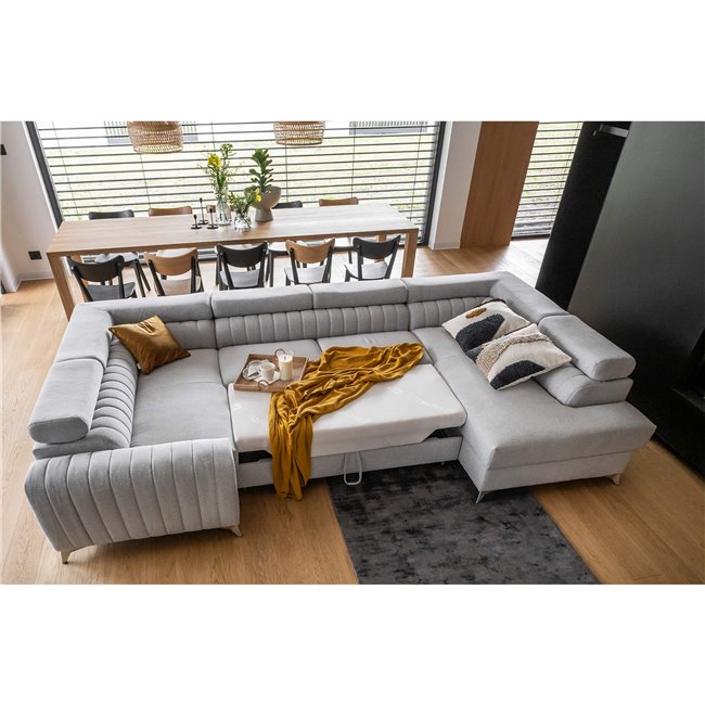 U shape sofa Elouis R, sleeping function, Rekta 100, velvet, grey, H92x202x347cm