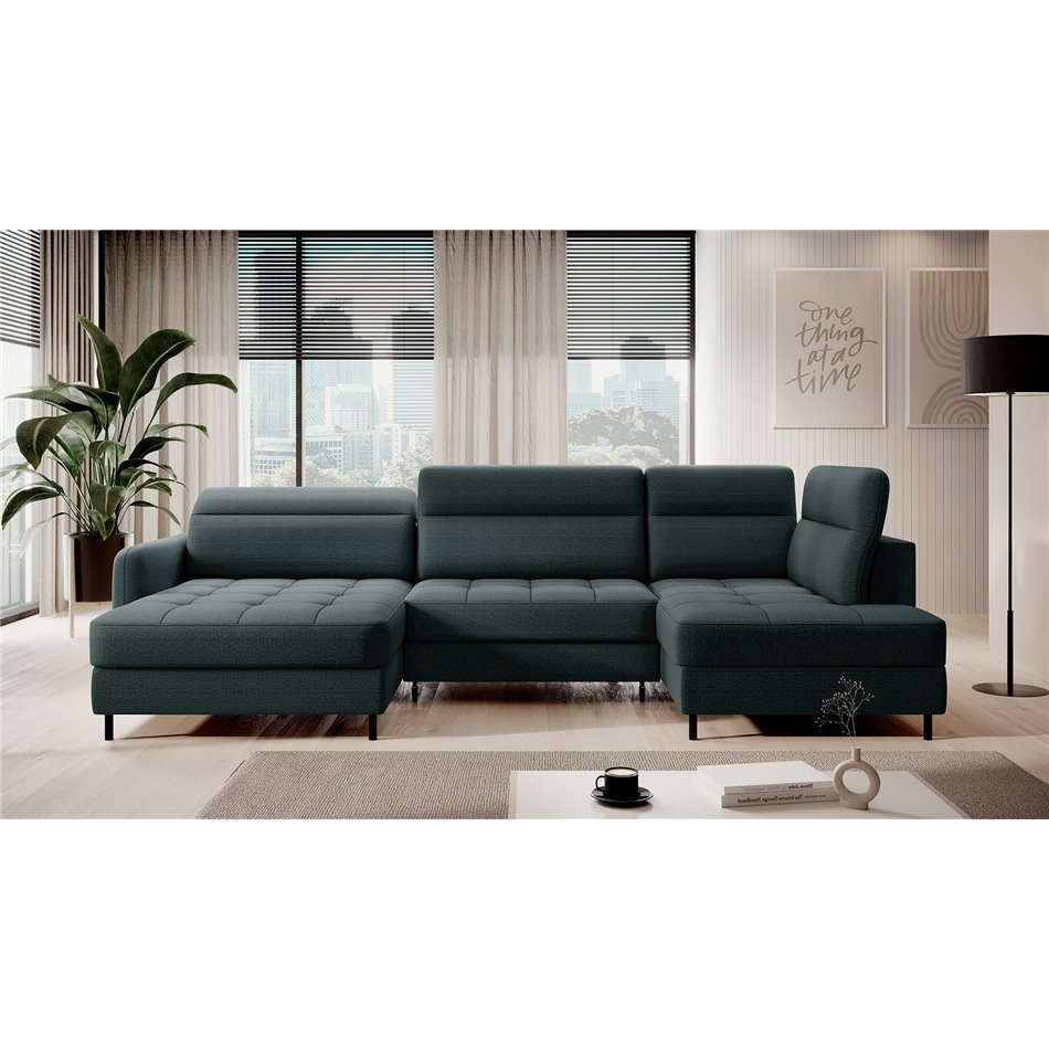 U shape sofa Elberto L, sleeping function, Manhattan 38, velvet, green, H100x165x306cm
