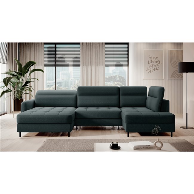 U shape sofa Elberto L, sleeping function, Manhattan 38, velvet, green, H100x165x306cm