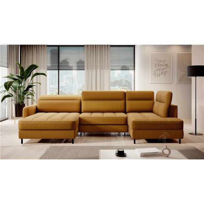 U shape sofa Elberto L, sleeping function, Manhattan 45, velvet, yellow, H100x165x306cm