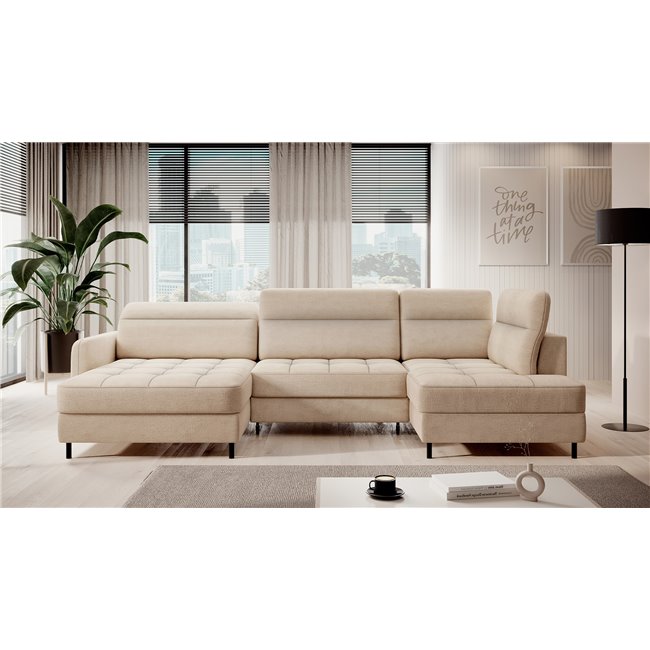 U shape sofa Elberto L, sleeping function, Toscany 18, velvet, beige, H100x165x306cm