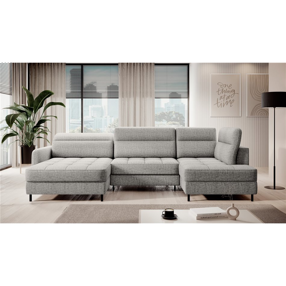 U shape sofa Elberto L, sleeping function, Aubron 04, wavy velvet, grey, H100x165x306cm