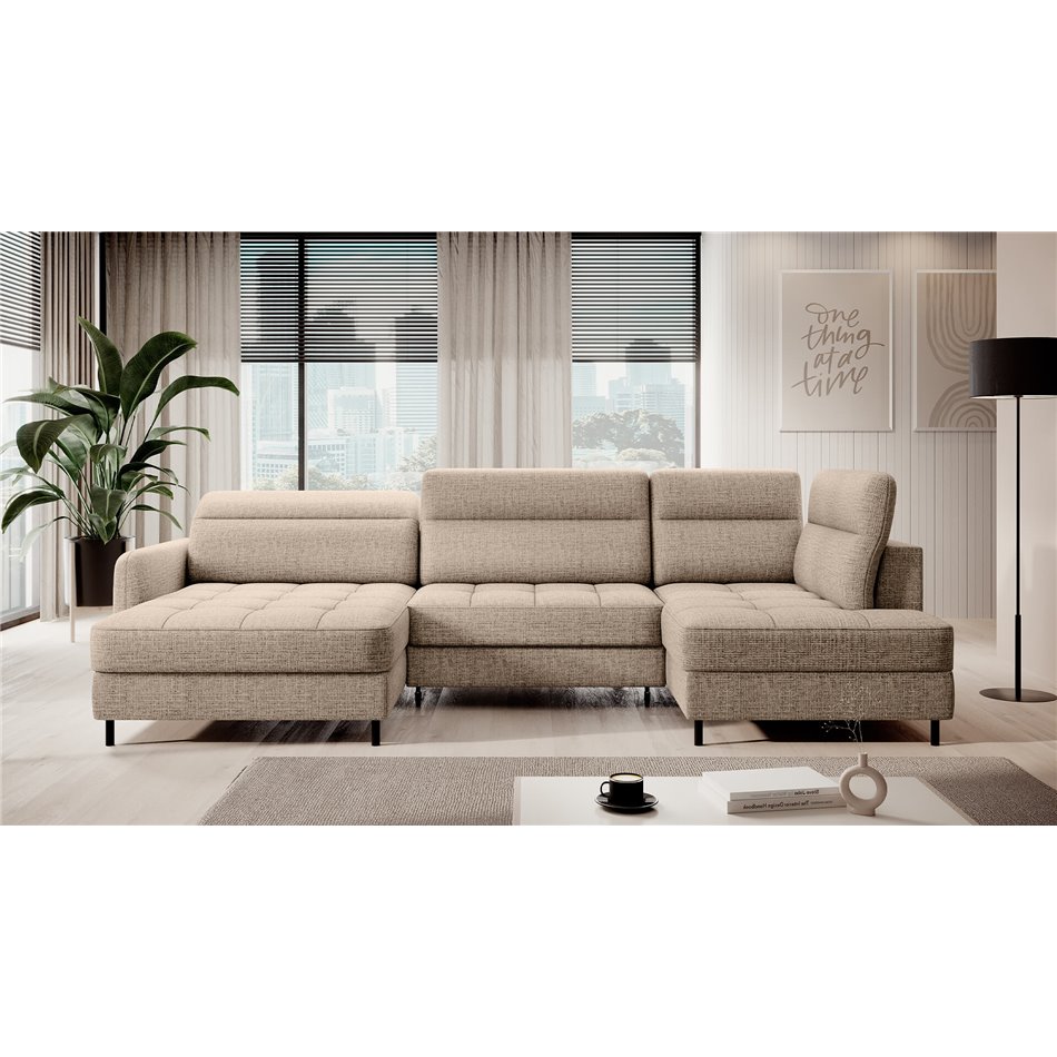 U shape sofa Elberto L, sleeping function, Aubron 04, wavy velvet, beige, H100x165x306cm