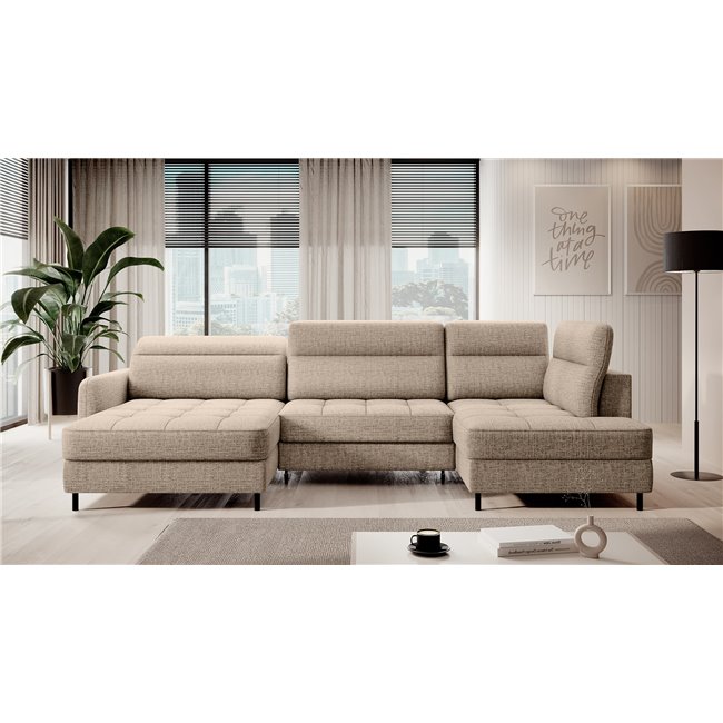 U shape sofa Elberto L, sleeping function, Aubron 04, wavy velvet, beige, H100x165x306cm