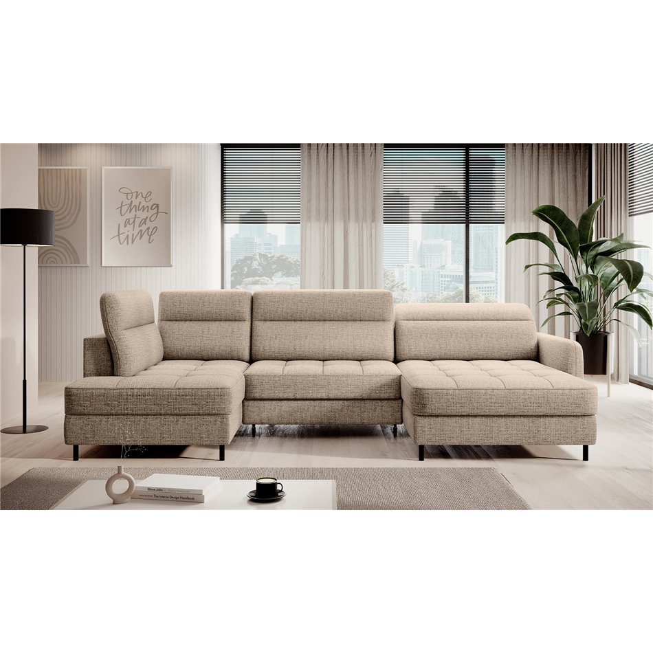 U shape sofa Elberto R, sleeping function, Aubron 20, wavy velvet, beige, H100x165x306cm