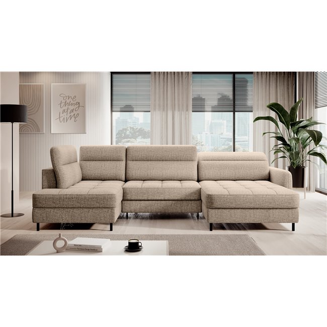 U shape sofa Elberto R, sleeping function, Aubron 20, wavy velvet, beige, H100x165x306cm