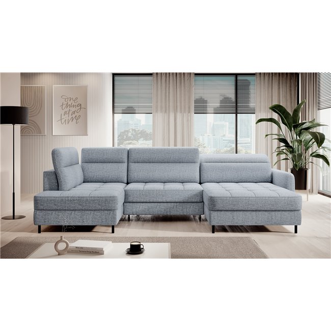 U shape sofa Elberto R, sleeping function, Aubron 100, wavy velvet, blue, H100x165x306cm
