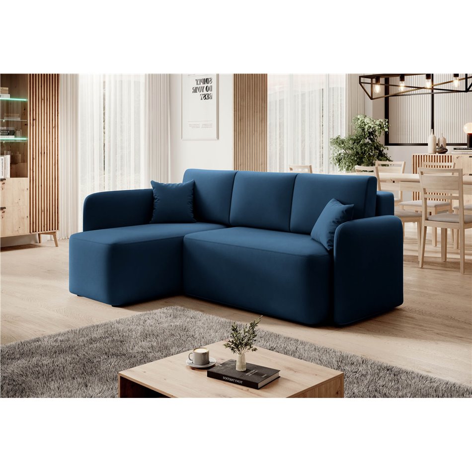 Corner sofa Elhandson L, sleeping function, Lukso 40, velvet, blue, H89x150x206cm