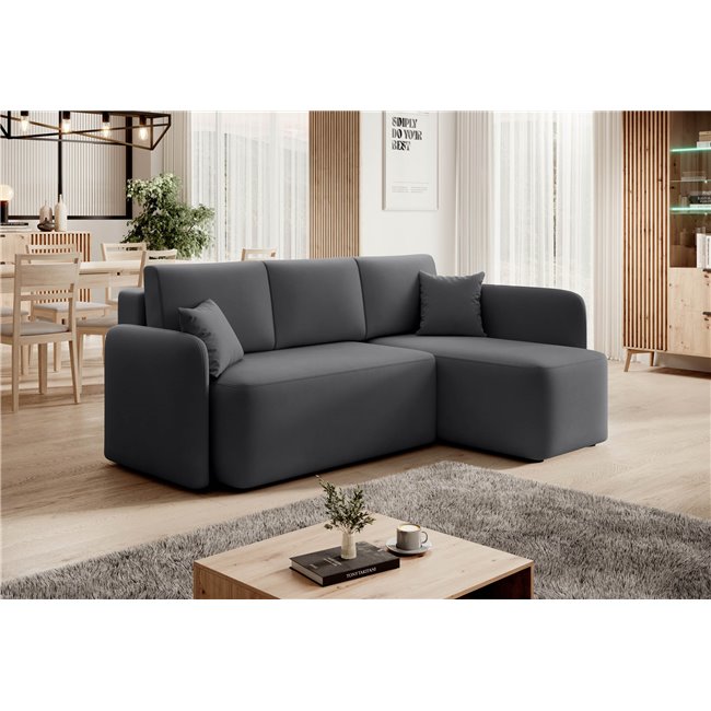 Corner sofa Elhandson R, sleeping function, Sola 6, dark grey, H89x150x206cm