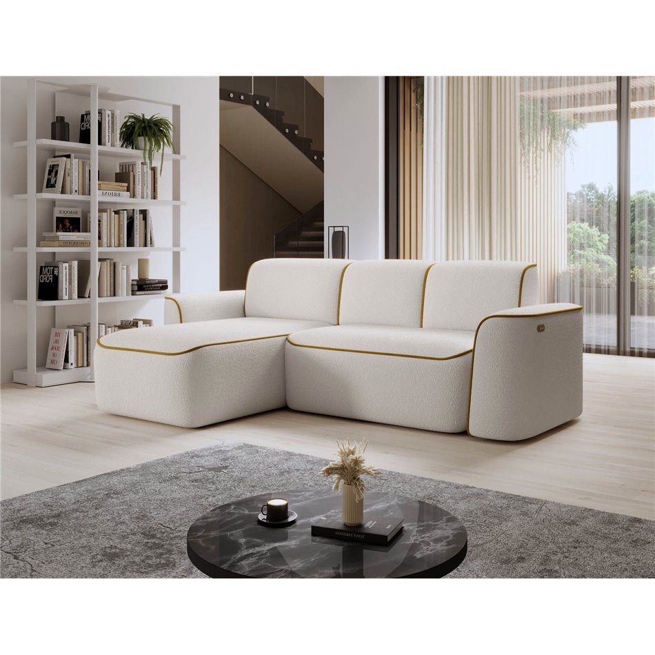 Corner sofa Elume L, sleeping function, Royal 01, Riviera 41, bouclé, white, H88x190x287cm