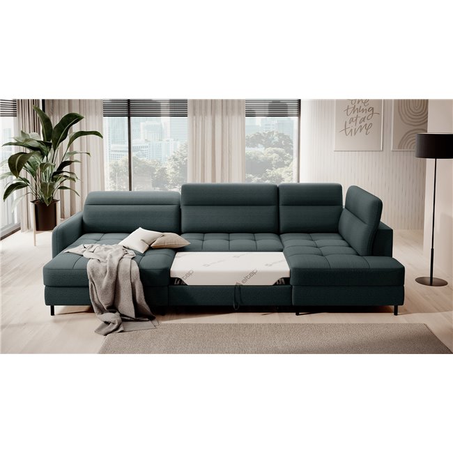 U shape sofa Elberto L, sleeping function, Manhattan 38, velvet, green, H100x165x306cm