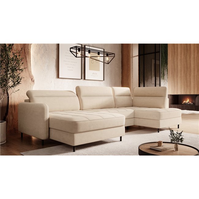 U shape sofa Elberto L, sleeping function, Toscany 18, velvet, beige, H100x165x306cm