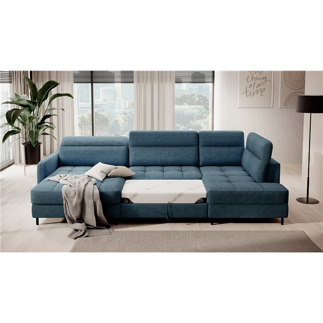 U shape sofa Elberto L, sleeping function, Toscany 40, velvet, blue, H100x165x306cm