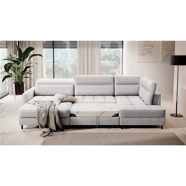 U shape sofa Elberto L, sleeping function, Aubron 03, wavy velvet, grey, H100x165x306cm