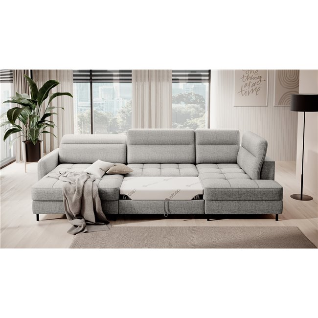 U shape sofa Elberto L, sleeping function, Aubron 04, wavy velvet, grey, H100x165x306cm