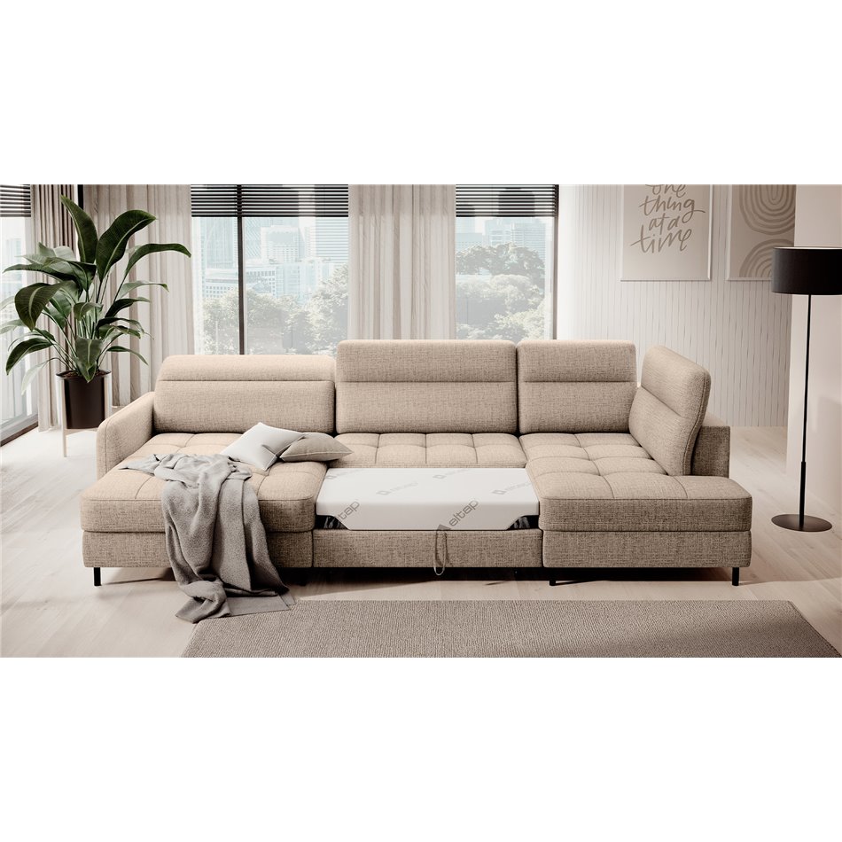 U shape sofa Elberto L, sleeping function, Aubron 04, wavy velvet, beige, H100x165x306cm