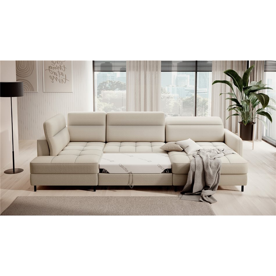 U shape sofa Elberto R, sleeping function, Manhattan 18, velvet, beige, H100x165x306cm
