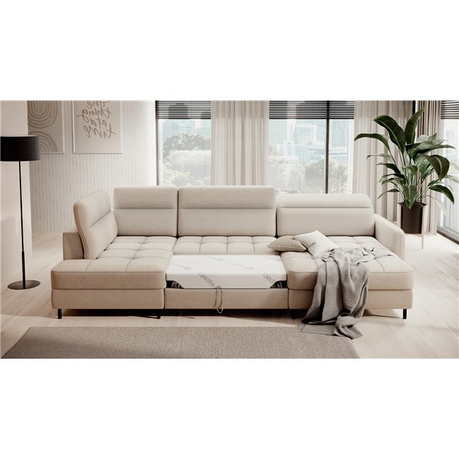 U shape sofa Elberto R, sleeping function, Raquel 18, beige, H100x165x306cm
