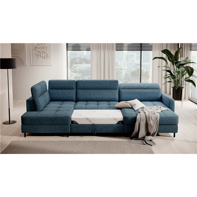 U shape sofa Elberto R, sleeping function, Toscany 40, velvet, blue, H100x165x306cm