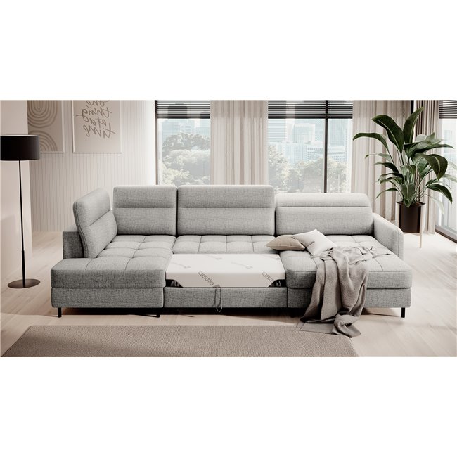 U shape sofa Elberto R, sleeping function, Aubron 04, wavy velvet, grey, H100x165x306cm