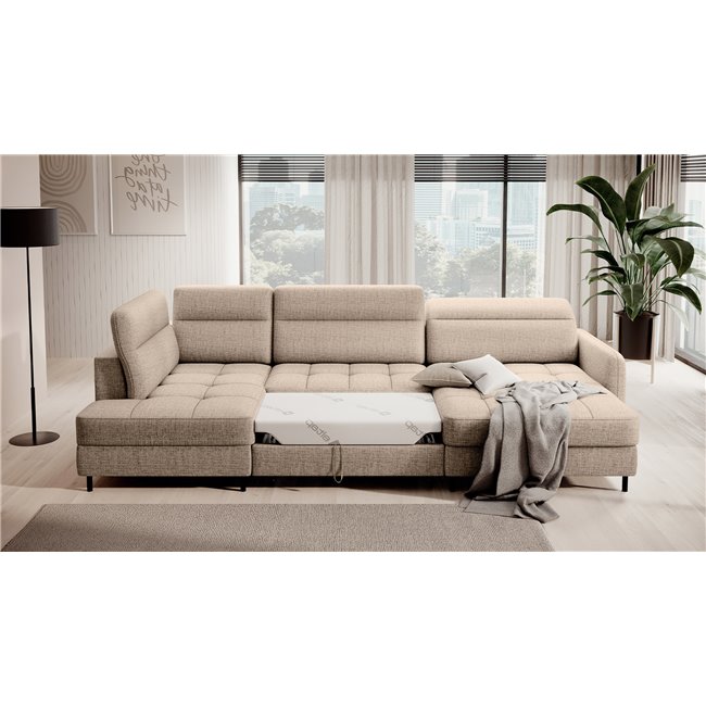 U shape sofa Elberto R, sleeping function, Aubron 20, wavy velvet, beige, H100x165x306cm