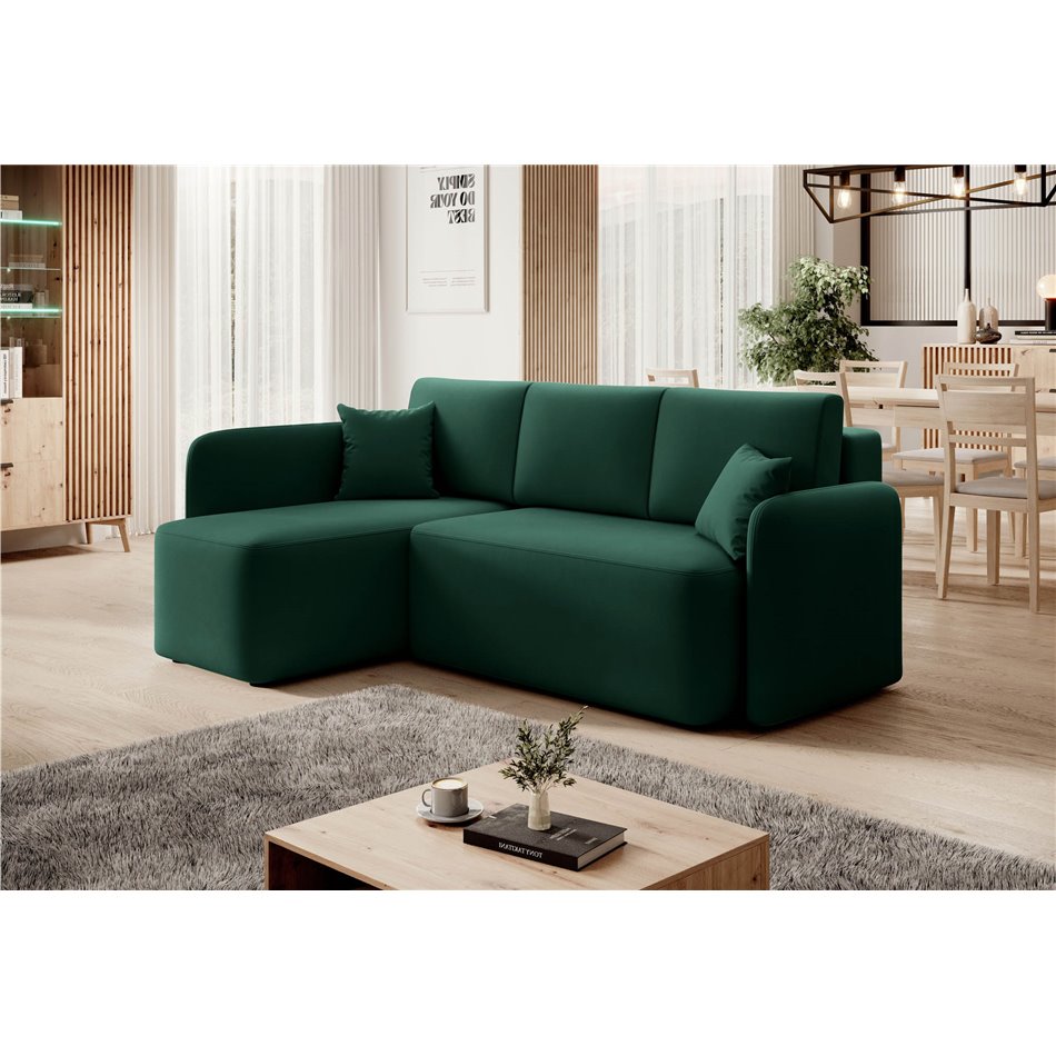 Corner sofa Elhandson L, sleeping function, Lukso 35, velvet, green, H89x150x206cm
