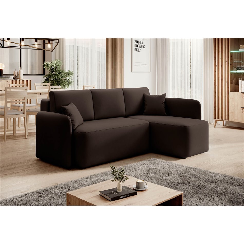 Corner sofa Elhandson R, sleeping function, Lukso 22, velvet, brown, H89x150x206cm