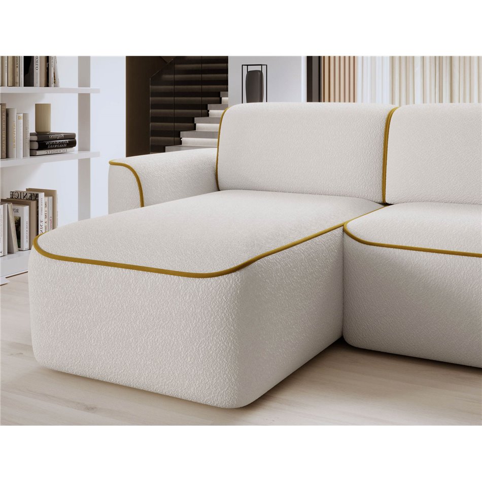 Corner sofa Elume L, sleeping function, Royal 01, Riviera 41, bouclé, white, H88x190x287cm