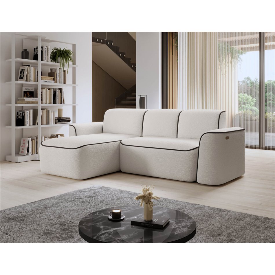 Corner sofa Elume L, sleeping function, Royal 01, Velvetmat 22, bouclé, white, H88x190x287cm
