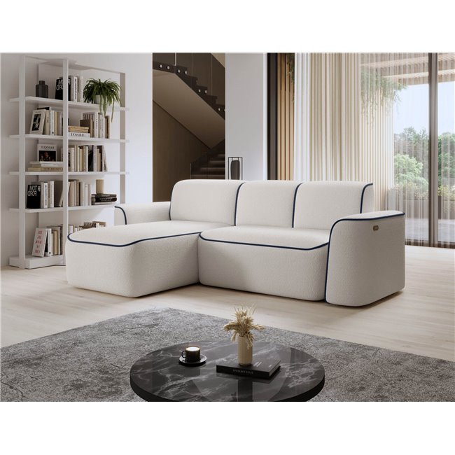 Corner sofa Elume L, sleeping function, Royal 01, Velvetmat 40, bouclé, white, H88x190x287cm