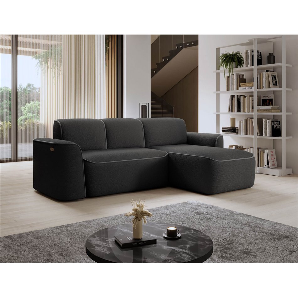 Corner sofa Elume L, sleeping function, Royal 05, Velvetmat 4, bouclé, dark grey, H88x190x287cm
