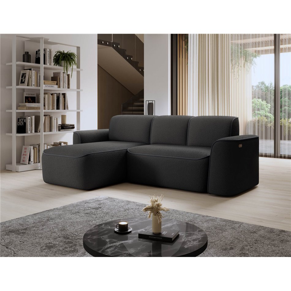 Corner sofa Elume L, sleeping function, Royal 05, Velvetmat 6, bouclé, dark grey, H88x190x287cm