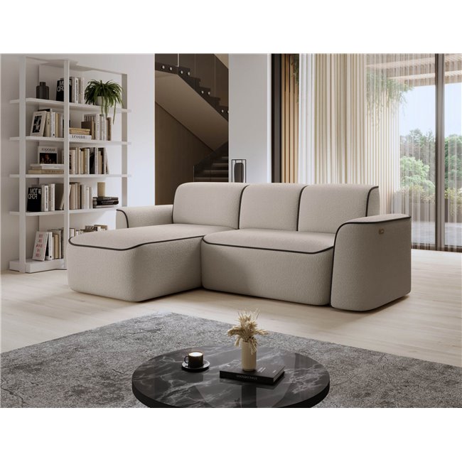 Corner sofa Elume L, sleeping function, Royal 18, Velvetmat 22, bouclé, beige, H88x190x287cm