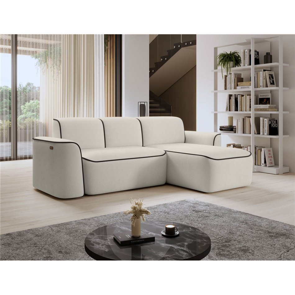Corner sofa Elume R, sleeping function, Amore 01, Velvetmat 22, bouclé, beige, H88x190x287cm
