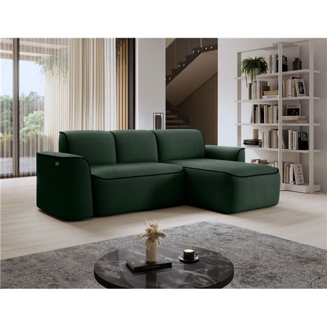 Corner sofa Elume R, sleeping function, Amore 35, Velvetmat 10, bouclé, green, H88x190x287cm